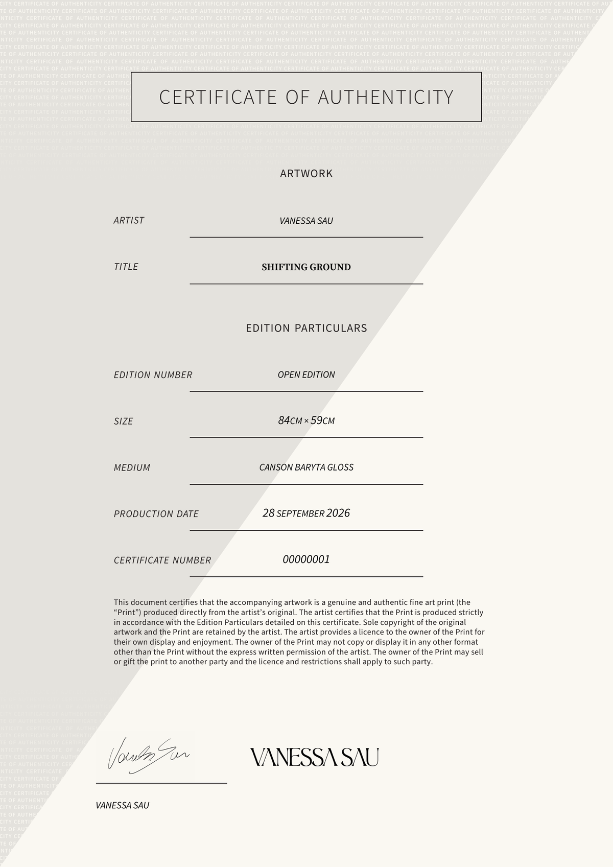 Shifting Ground — Certificate of Authenticity